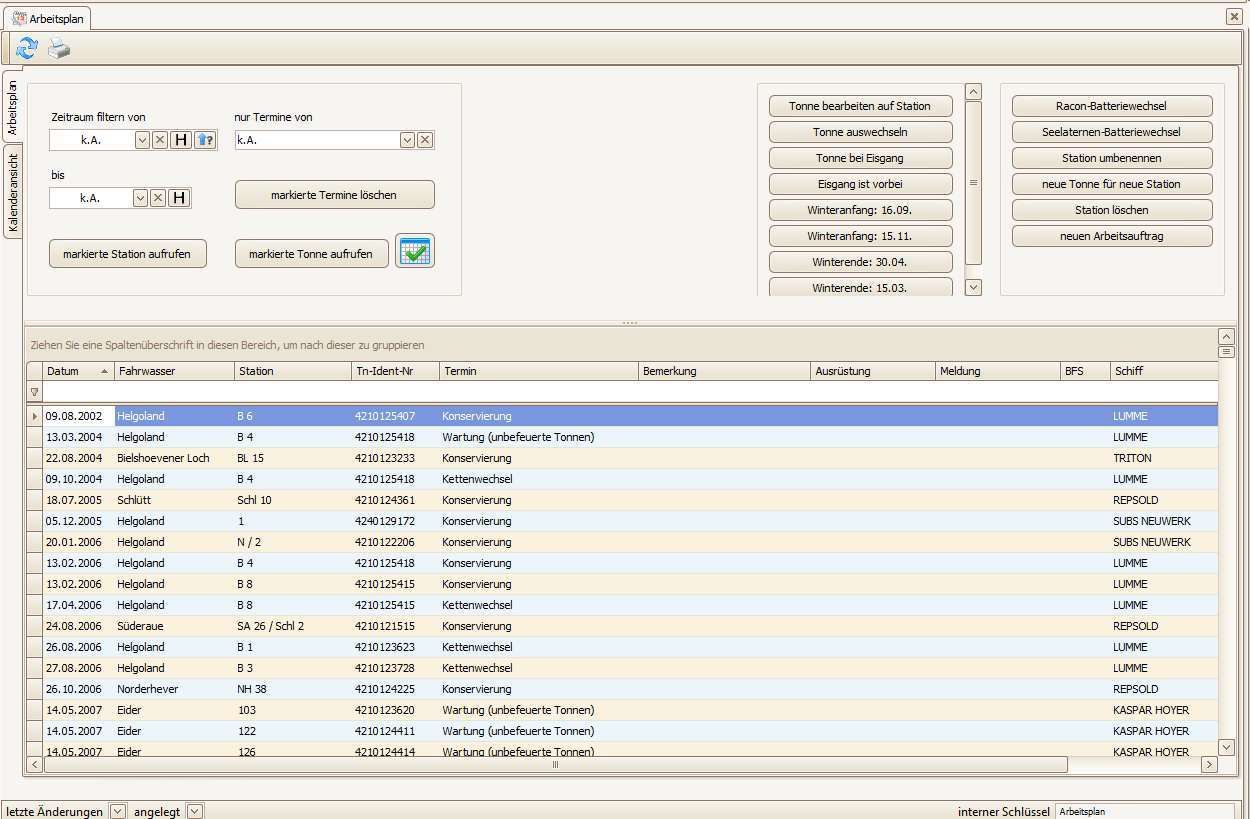 Arbeitsplan in EPTL-Net mit Terminliste und Aktionen